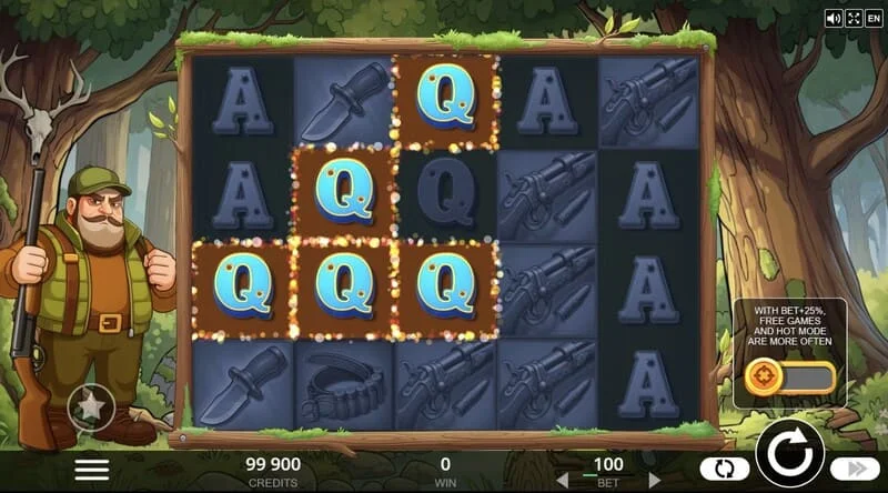 Hunt the Bucks - glavni igralni zaslon 5x4 z gozdnimi živalmi in kovanci